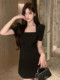 Hollin Square Neck Short-Sleeved Black Dress Women's Summer 2025 New Waist Slimming Look Niche Design Short Skirt