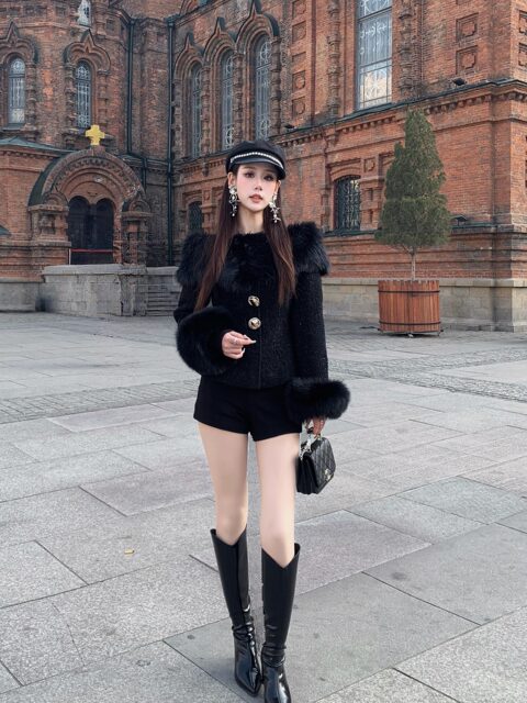 Hollinna Fox Fur Sleeve Chanel-Style down Jacket for Women, Luxurious Wool Short Coat for Women