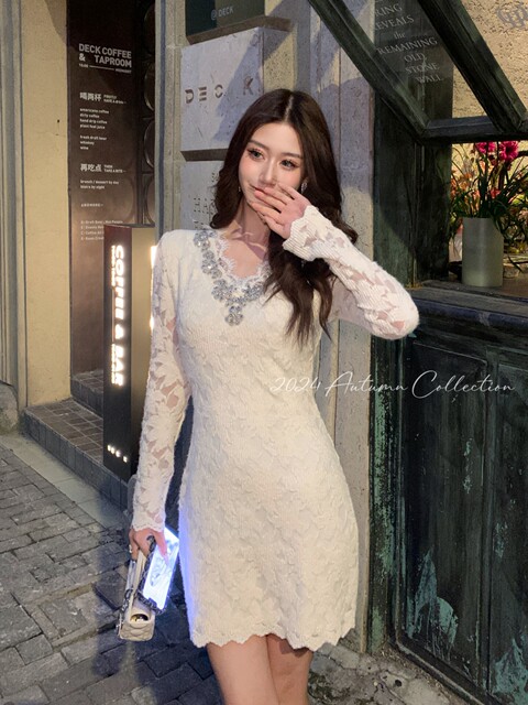 Hollinv Collar Cut Out Lace Elegant Dress Women's Spring & Fall 2025 Long-Sleeved Studded Butt-Covering Skirt