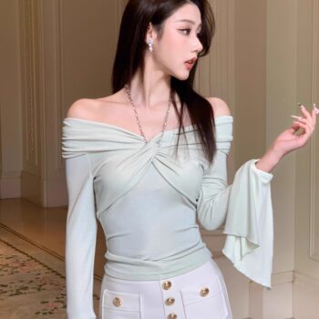 Hollinna V-Neck Twisted Ruched Knit T-Shirt for Women, Spring and Autumn 2025 New Long-Sleeve Waist-Cinching Slim-Fit Base Top