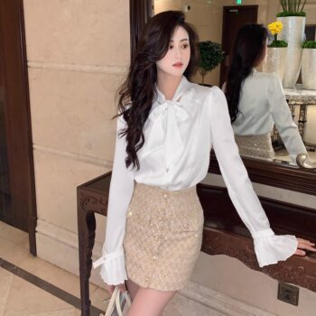 Hollin Bow Elegant Romantic French Satin White Shirt for Women Spring & Fall Bottoming V Neck Long-Sleeved Top for Women