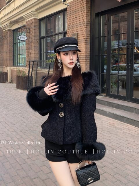Hollinna Fox Fur Sleeve Chanel-Style down Jacket for Women, Luxurious Wool Short Coat for Women