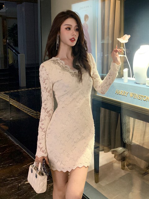 Hollinv Collar Cut Out Lace Elegant Dress Women's Spring & Fall 2025 Long-Sleeved Studded Butt-Covering Skirt