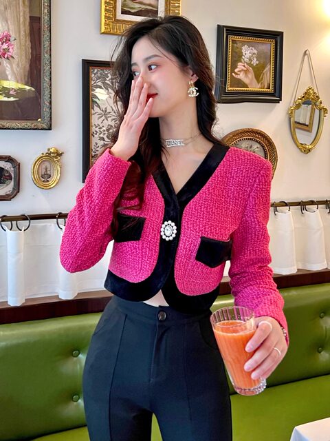 Hollinna woven pink small fragrant style short coat for women spring and autumn high-waisted versatile tops for small people