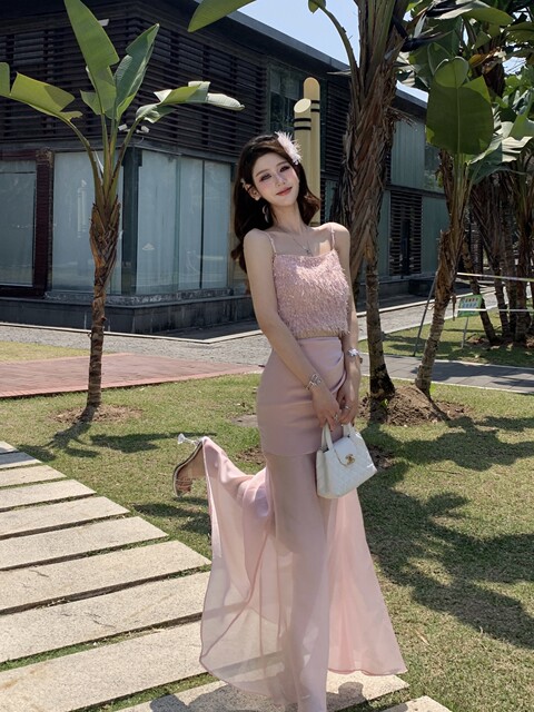 Hollinna Top with Straps, Pink Tube Top and Skirt Set for Women, New Summer Style, Beach Vacation, Socialite Two-Piece Set