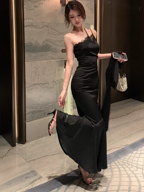 Hollin Oblique Shoulder Strap Black Acetate Dress Women's Spring & Fall 2025 New Sexy Waist Slimming Look Long Skirt