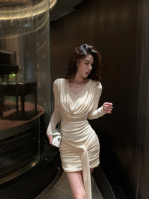 Hollin Ruffled Collar Mesh Dress for Women, Spring and Autumn Long-Sleeved with Ribbon, Waist-Cinching, Slimming, Elegant and Sexy Bodycon Dress