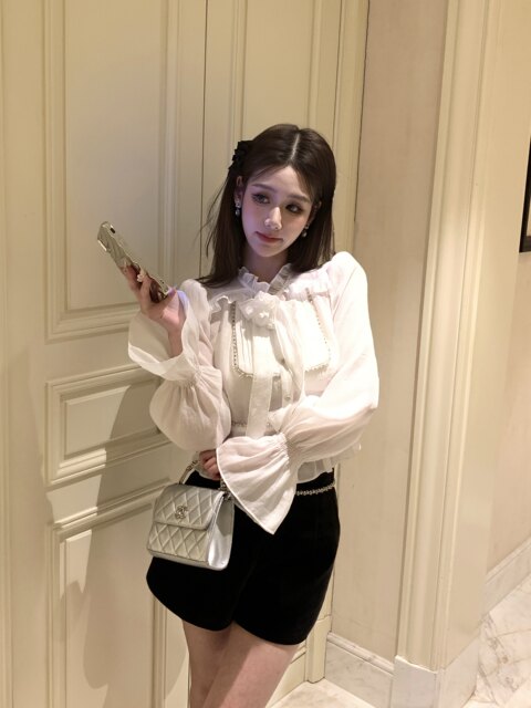 Hollin Palace-Style Rhinestone Chain Puff Sleeve Tencel Shirt for Women 2025 Spring and Summer New Style Noble Style Shirt Top for Women