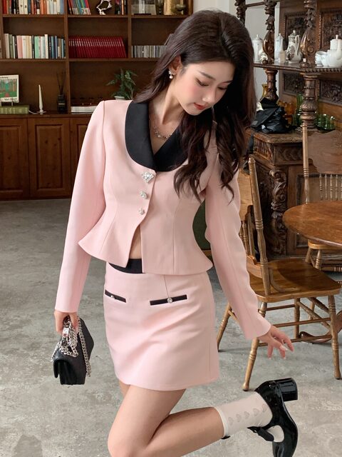 Hollin[Heartbeat Peach]Pink Socialite High-End Suit Set for Women, New Spring and Autumn Two-Piece Set
