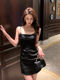 Hollinna Acetate Black Spaghetti Strap Dress for Women, Spring and Autumn, Socialite Style, High-End, Elegant, Waist-Cinching, Slimming Short Dress