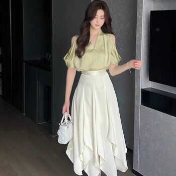 Hollin Classy Design Niche Skirt Summer Mid-Length Asymmetrical Skirt Satin Elegant A-Line Skirt