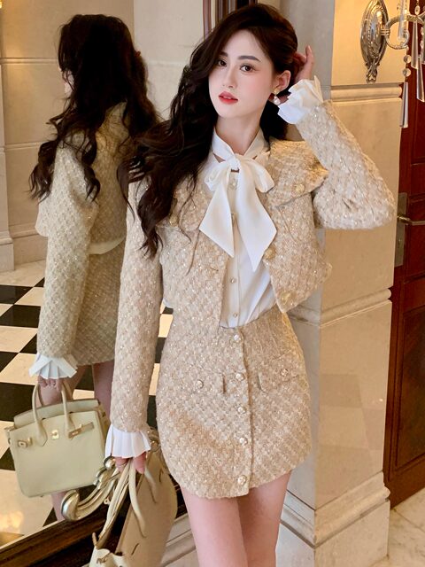 Hollinna French Socialite Style Tweed Suit Skirt for Women, Spring and Autumn 2025 New Fashion High-End Two-Piece Set
