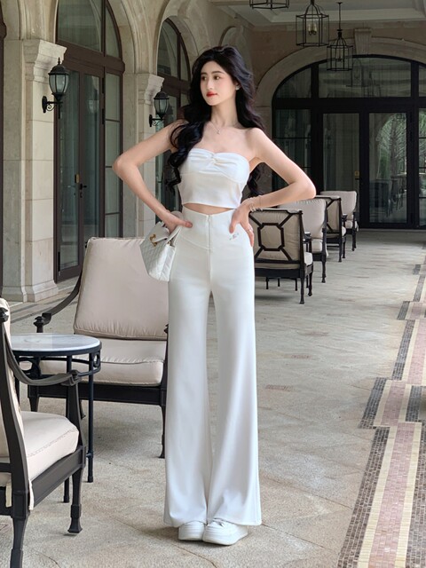 Hollinna [White Peach Bubbles] White Boot-Cut Pants for Women in Spring and Summer with Drapey High-Waisted Wide-Leg Thin Pants for Women