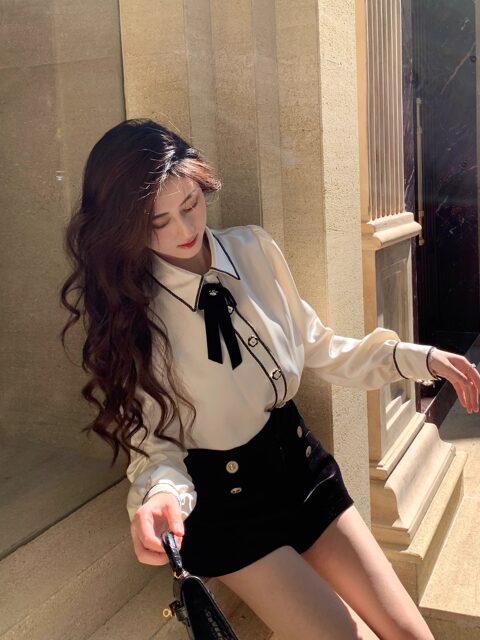 Hollin French-Style Bow Satin Shirt for Women, Spring and Autumn 2025 New Model, High-End Light Luxury Long-Sleeve Base Shirt