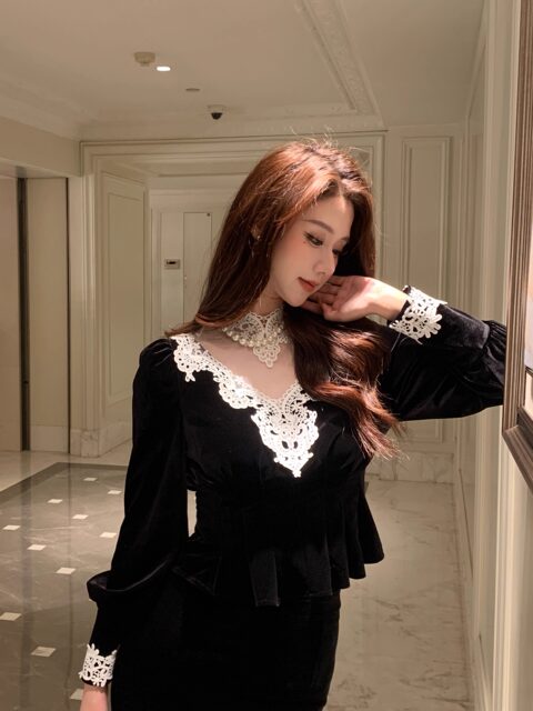Hollinba Lace Trim V-Neck Velvet Unique Top for Women, Autumn/Winter 2025 New Style Inner Layer Base Shirt