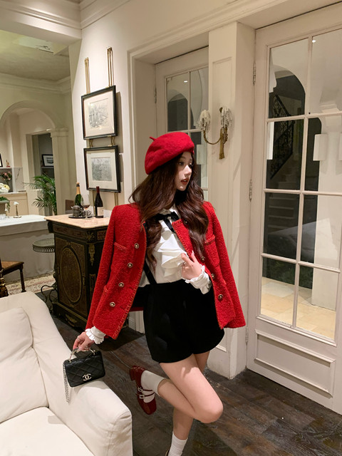 Hollinna woolen double-breasted red white duck down down small fragrance woolen coat for women autumn and winter 2025 new style