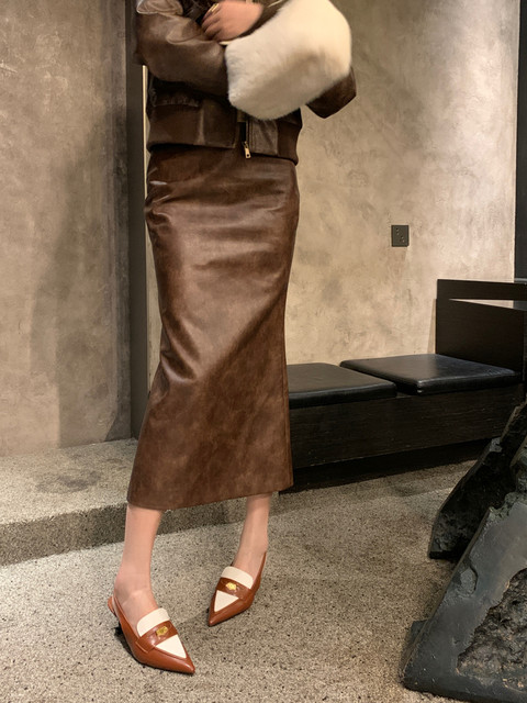 Hollinna Maillard Retro Leather Skirt Women's Autumn and Winter 2025 New Slim High-Waisted Skirt Fishtail Hip Skirt