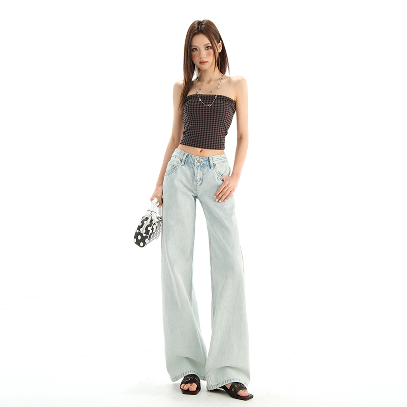 American-Style Light Blue Narrow Wide-Leg Flared Jeans for Women, New Spring and Summer Loose Fit, Non-Tight on the Legs, Low-Waisted Straight Pants