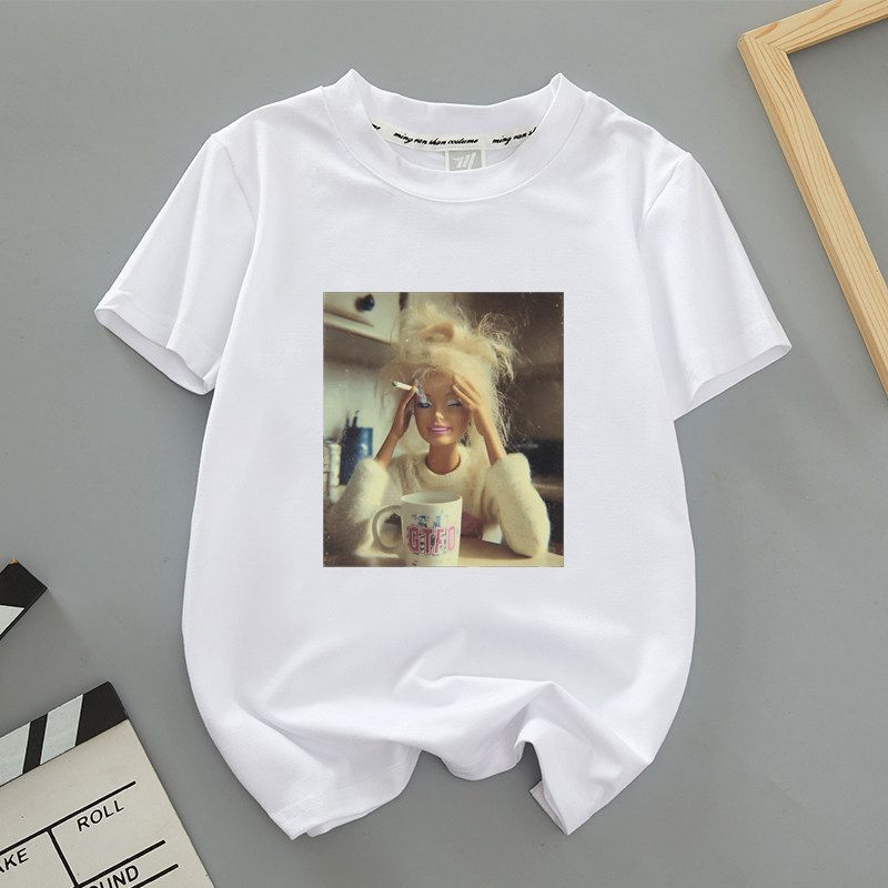 European and American Style Fun and Quirky Barbie Doll Emoji Print White Thin T-Shirt Short-Sleeved Top for Men and Women