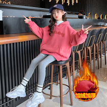 Girls fleece sweater 2022 new spring and autumn Korean version of the western style big childrens hooded thickened childrens loose tide top