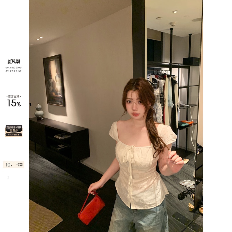 Ono Spicy Xyxy "Morning Mist Rose" Slightly Plump Girl Pure Desire Style Square Neck Small Flutter Sleeve Shirt Summer Slimming Top Ono Spicy Xyxy "Morning Mist Rose" Slightly Plump Girl Pure Desire Style Square Neck Small Flutter Sleeve Shirt Summer Slimming Top