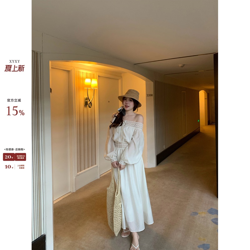 Ono Spicy Xyxy "Half a Day of Leisurely Life" Plus Size Hollow Lace Off-Shoulder Dress for Women Vacation Long Dress