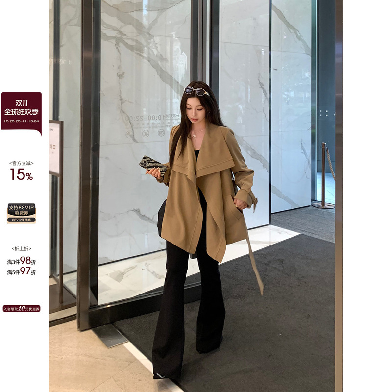 Ono Spicy Xyxy "London Slow Style" Slightly Chubby Women's Fashion Korean Style Large Lapel Short Plus Size Trench Coat Women's Jacket