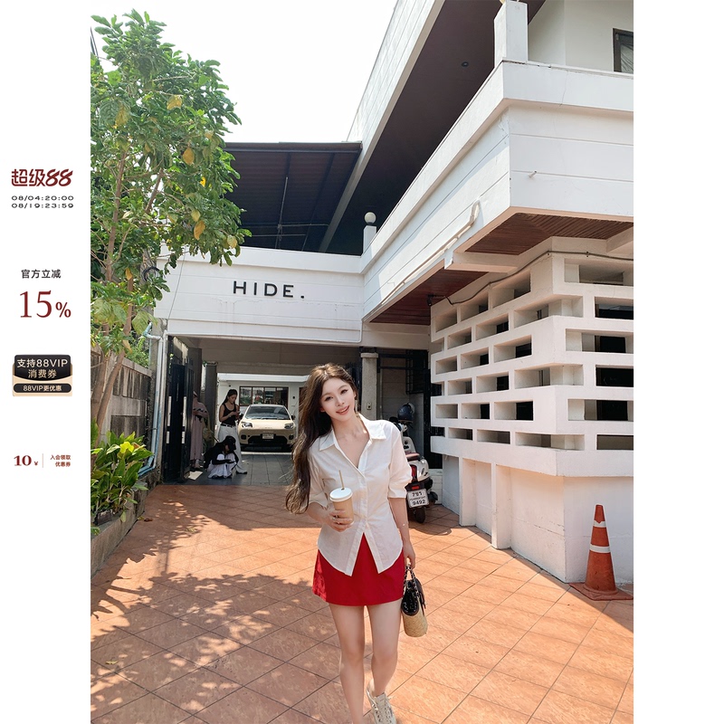 Ono La La Xyxy "Seoul Trainee" Slightly Chubby Linen Mid-Sleeve Shirt Red Short Skirt Plus Size Set
