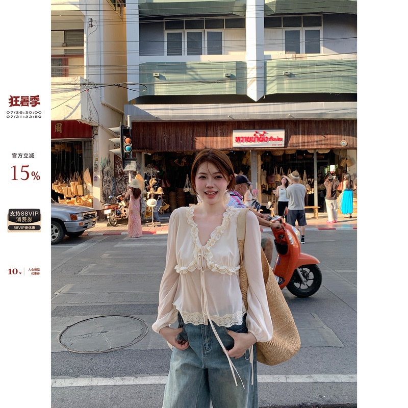 Ono Spicy Xyxy "Tea Break Story" Plus Size Lace Trim V-Neck Tie Long Sleeve Shirt Lightweight Breathable Blouse Ono Spicy Xyxy "Tea Break Story" Plus Size Lace Trim V-Neck Tie Long Sleeve Shirt Lightweight Breathable Blouse