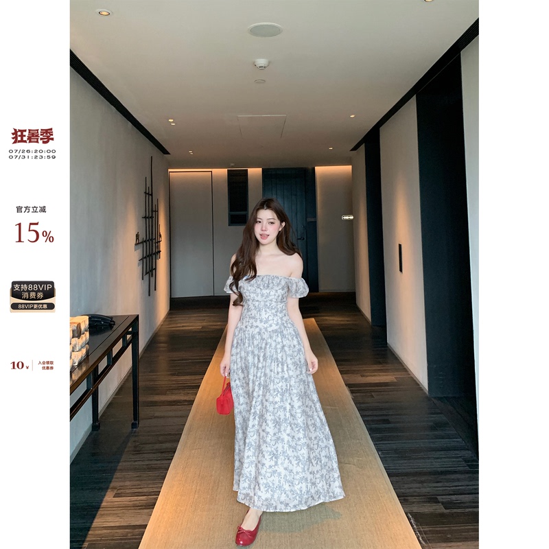 Ono Spicy Xyxy "Sena Flower House" Slightly Plump Girl's French Floral Waist-Cinching Dress, Summer Off-Shoulder Long Dress