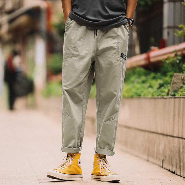 Tu Xiansen 2024 Summer Retro Drawstring Solid Color Straight Casual Pants Men's Trendy Loose Nine-Point Pants Cargo Pants