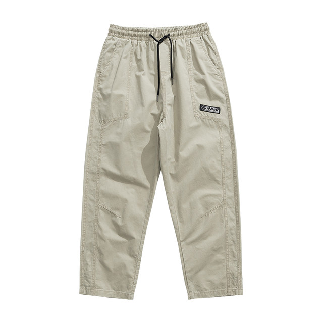 Tu Xiansen 2024 Summer Retro Drawstring Solid Color Straight Casual Pants Men's Trendy Loose Nine-Point Pants Cargo Pants