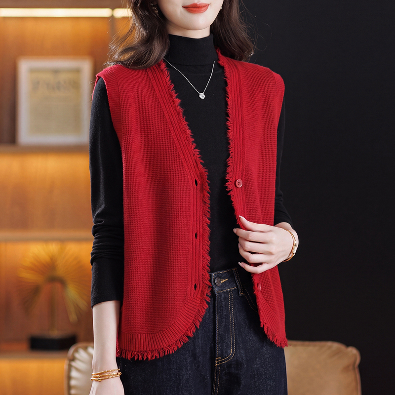 Autumn New Style Red Tassel Knitted Vest for Women, V-Neck Sleeveless Cardigan Jacket, Layered Vest, Waistcoat, and Gilet Autumn New Style Red Tassel Knitted Vest for Women, V-Neck Sleeveless Cardigan Jacket, Layered Vest, Waistcoat, and Gilet