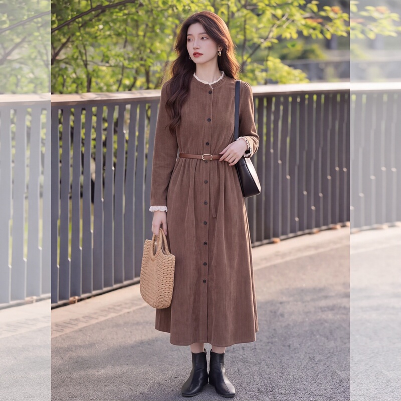 Retro Style Lapel Mid-Length Long-Sleeved Shirt Dress for Women in Autumn Coffee Color Single-Breasted Waist-Cinching Elegant Dress