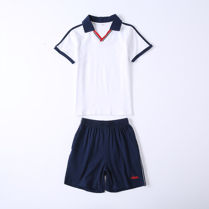 Quảng Châu Haizhu đồng phục trường tiểu học công cộng cotton mùa hè ngắn tay áo thun quần short phù hợp có thể được tùy chỉnh huy hiệu trường đồng phục học sinh mùa hè