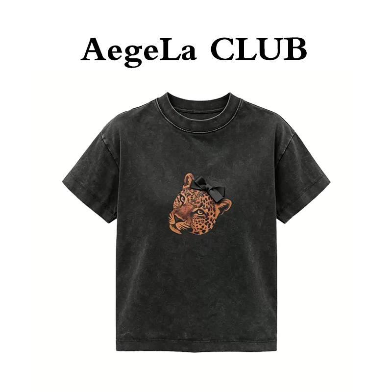 American Retro Leopard Print Black and Gray Short-Sleeved T-Shirt for Women, Summer Design, Versatile, Niche, Loose Top