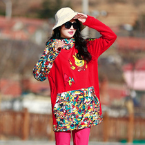  Outdoor new womens mid-length printed embroidered fleece sweater fashion warm cartoon color pullover windproof