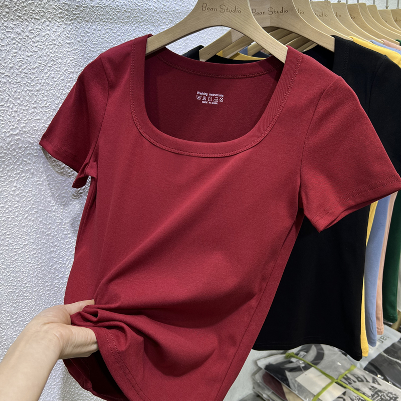 2026 Summer New Candy Color European Style Solid Color Versatile Square Neck Off-Shoulder Short Sleeve T-Shirt Women's Slim Fit Top 2026 Summer New Candy Color European Style Solid Color Versatile Square Neck Off-Shoulder Short Sleeve T-Shirt Women's Slim Fit Top