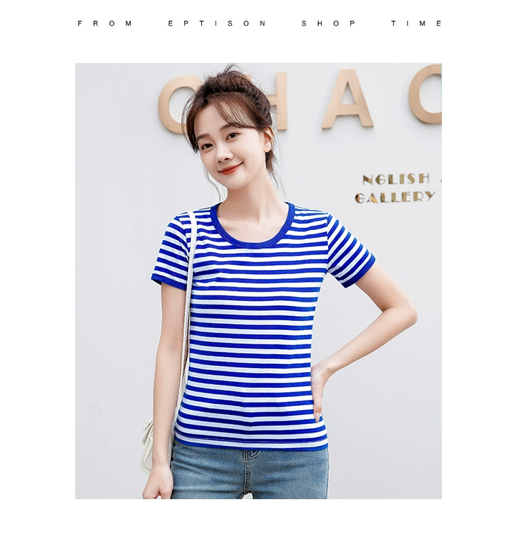 Áo sơ mi Sea Soul nữ mùa hè cotton nguyên chất màu xanh ngắn tay mặc cho cặp đôi sọc ngang màu xanh trắng nửa tay rộng phù hợp với bộ đồ thủy thủ Áo thun