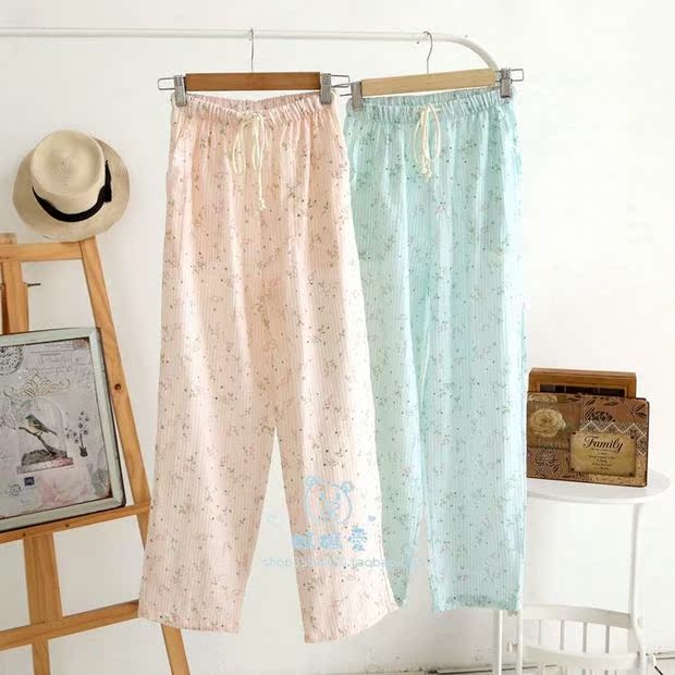 2 phụ nữ mùa hè cotton đôi gạc quần ngủ quần nhà nhà quần giản dị bánh mỏng hoa quần thun nam