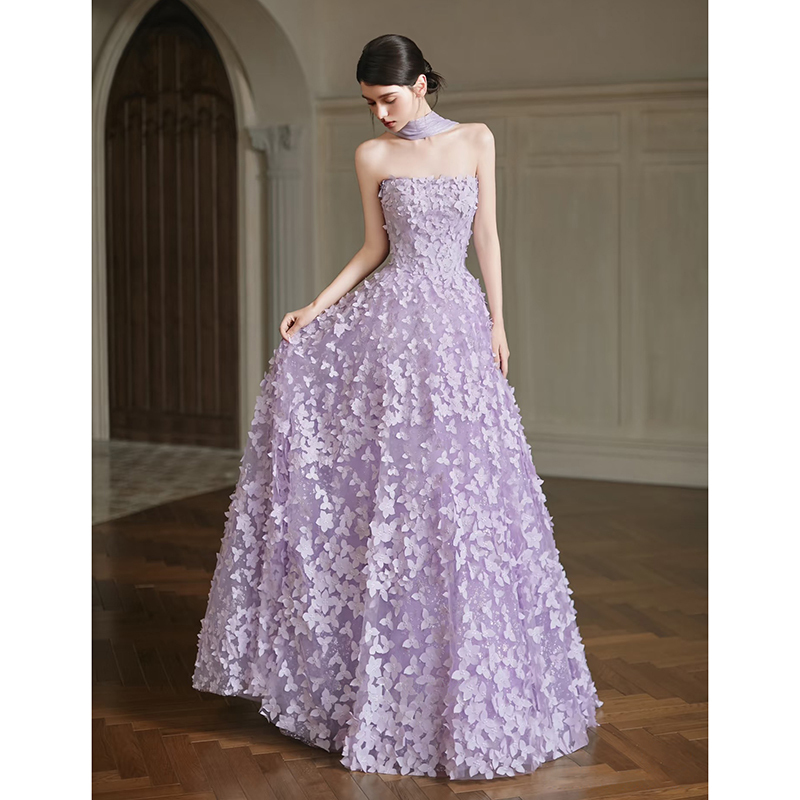 Purple Floral Evening Dress, High-End, Light Luxury, Niche, Classy Toast Dress, Bride, Host, Art Exam, Coming-Of-Age Ceremony