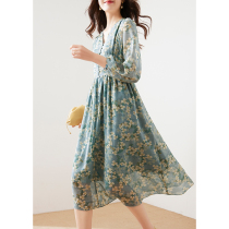 CATHYLADI hipster blue green bubble sleeve floral dress elegant feminine Medium-length dress light cooked dress