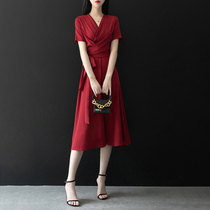 CATHYLADI cross V-neck strap light mature style dress 2020 new summer waist slim chiffon Medium-length dress