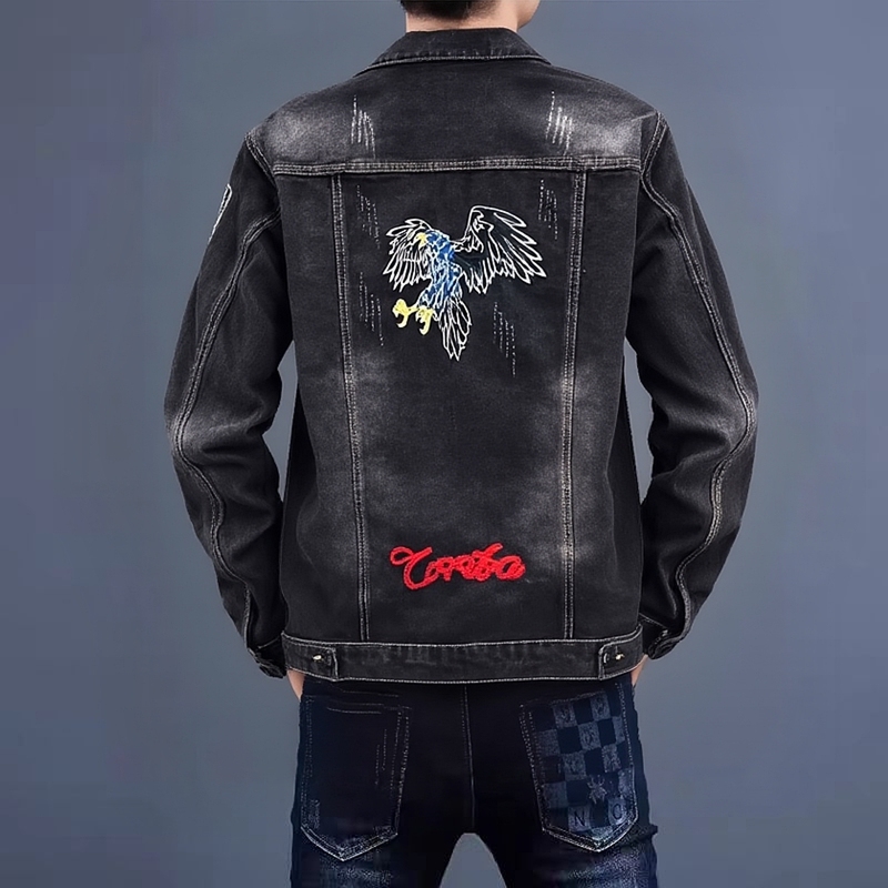 Black Embroidered Eagle Denim Jacket for Men, New Spring and Autumn Slim Fit Trendy Casual Men's Coat, Retro Cool Style