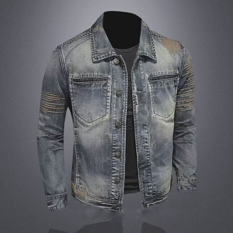 Giacca di jeans vintage da uomo slim fit stile ricamato casual_voghion.com