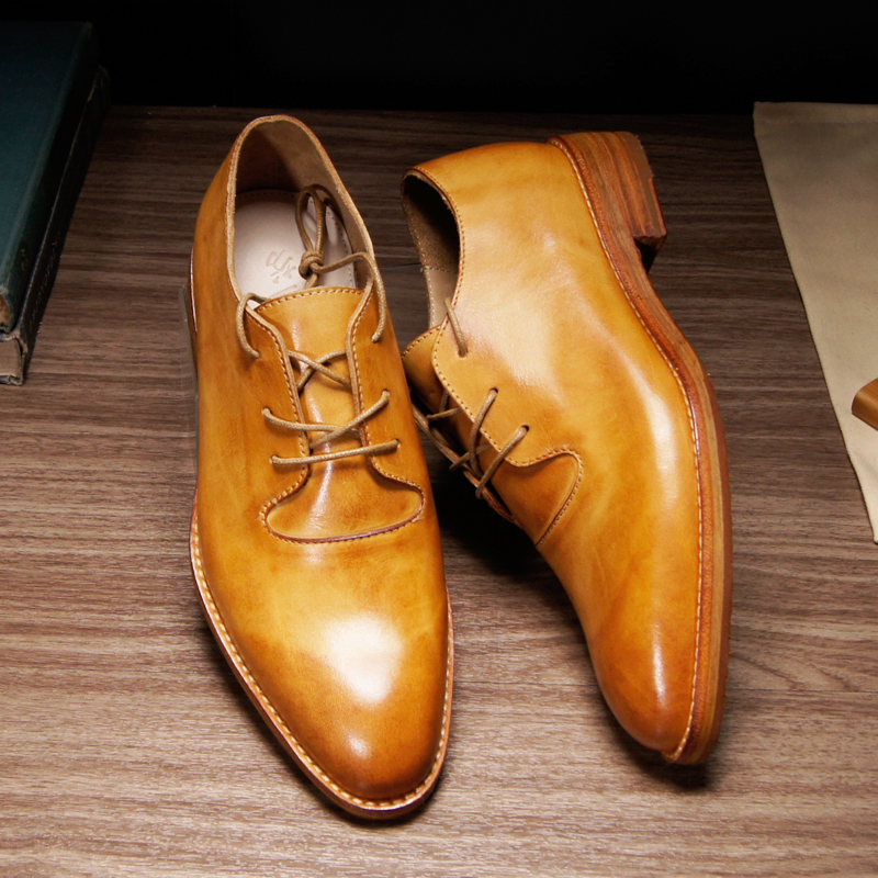 Chongerfang Formal Handmade Leather Shoes for Men, Vegetable-Tanned Cowhide, Business Casual, Goodyear Welted, Vintage Pointed Derby Shoes with Leather Soles