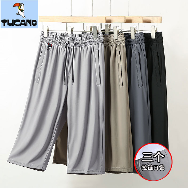 Woodpecker High-Elastic Ice Silk Capri Pants for Men, Summer Sports Shorts, Casual Loose Fit, Large Size, 7/8 Length, Over-The-Knee, Quick-Drying, 6/8 Length
