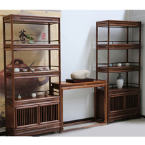 Hongting Furniture Zen New Chinese Bookshelf Bookcase Display Rack Tea Cabinet Free Paint Black Walnut Antique Solid Wood Tea Cabinet