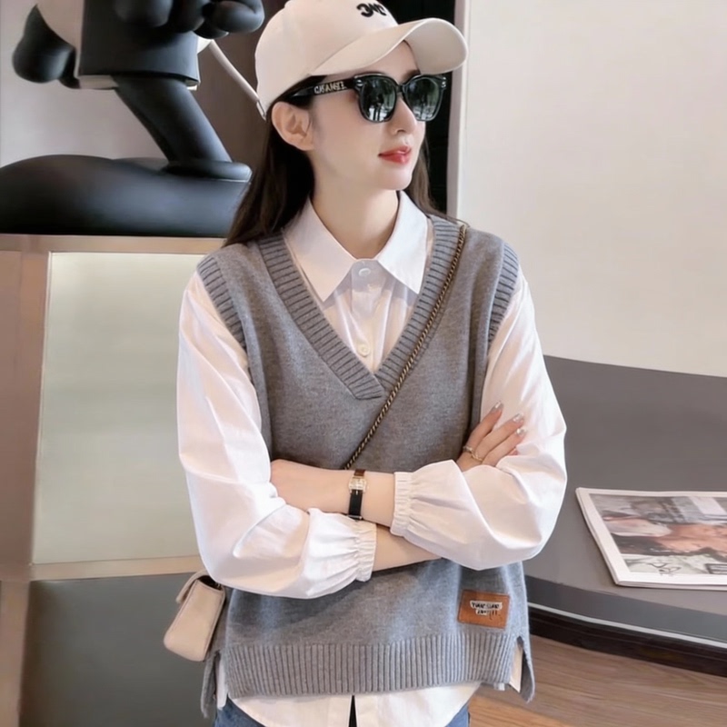 2026 Spring and Autumn Two-Piece Set: Pullover Vest + Shirt, Knitted Cashmere Women's V-Neck Solid Color Sleeveless Sweater Vest