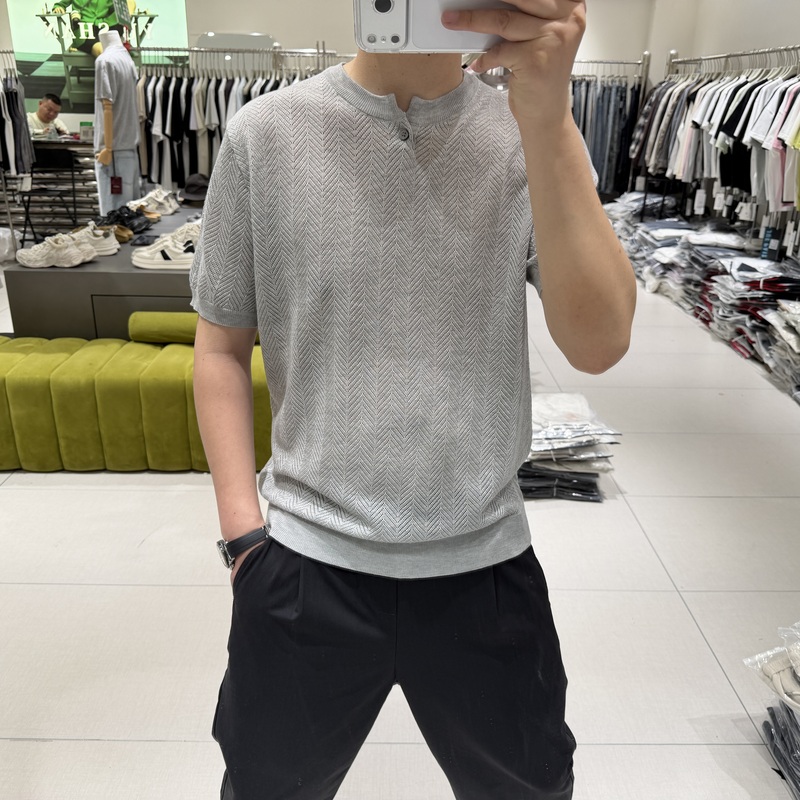 American Old Money Style Tencel Henry Collar Short-Sleeved T-Shirt for Men, New Summer Lyocell Cool and Stylish Cool Guy Clothing